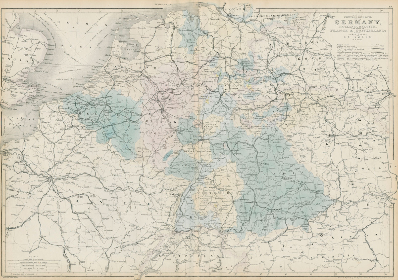 Central Europe roads canals railways Germany, Holland & Belgium. HUGHES 1856 map